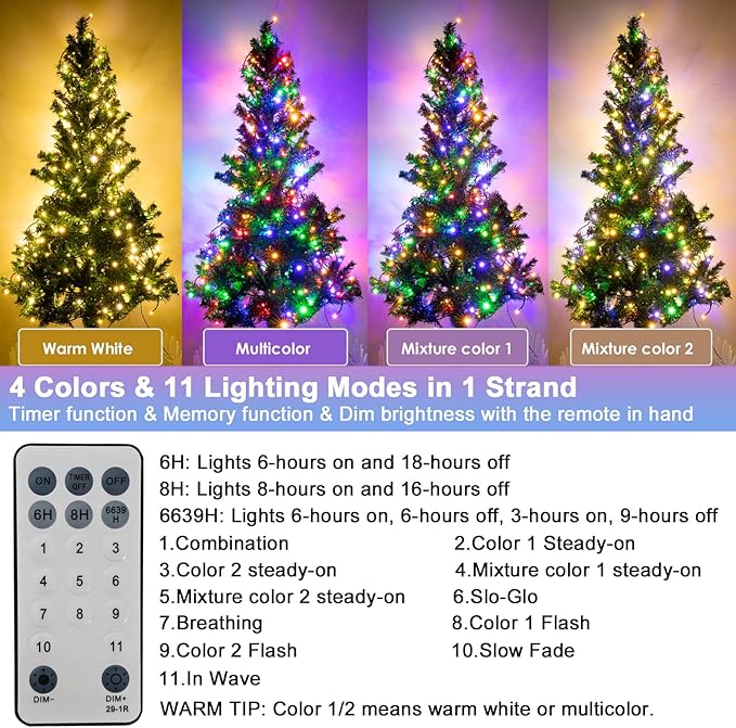 Decute 300LED Christmas Tree Lights Outdoor Indoor String Lights 108FT Extendable, 11 Modes 4 Colors Changing Waterproof Twinkle Fairy Lights Party Decor with Timer Remote(Warm White & 3 Multicolors)