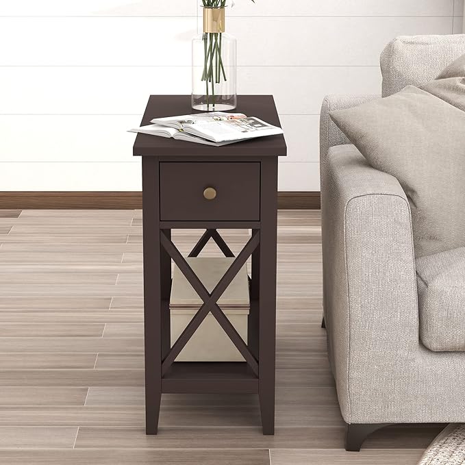 ChooChoo End Table, MDF Material Flip Top Narrow End Table with Drawer, Accent Small Side Table Nightstand for Living Room, Bedroom, and Small Spaces - Espresso