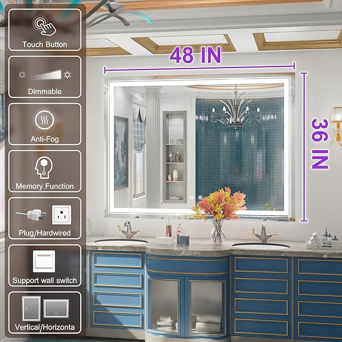 48 x 36 Inch LED Bathroom Mirror with Lights, Wall Mounted Lighted Bathroom Vanity Mirrors, Stepless Dimmable, Memory Funtion, Anti-Fog, 6000K, Shatter-Proof, Horizontal or Vertical