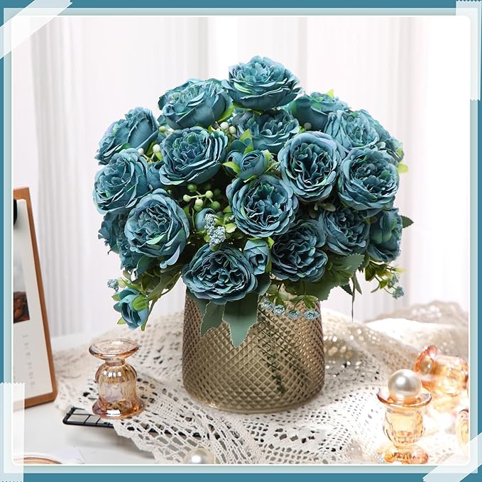 Geosar 16 Bundles Artificial Peonies Flowers Fake Silk Peony Bouquet Faux Peonies Flowers Bulk for Decoration Vase Floral Arrangements Wedding Party Table (Teal)