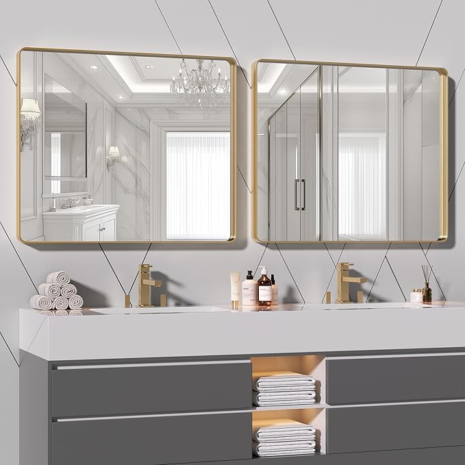 Hasipu 2 PCS Bathroom Mirror for Wall, 36 x 30 Inch Gold Metal Framed Bathroom Mirrors for Over Sink, Rectangle Bathroom Vanity Mirror, Anti-Rust, Tempered Glass, Horizontal or Vertical