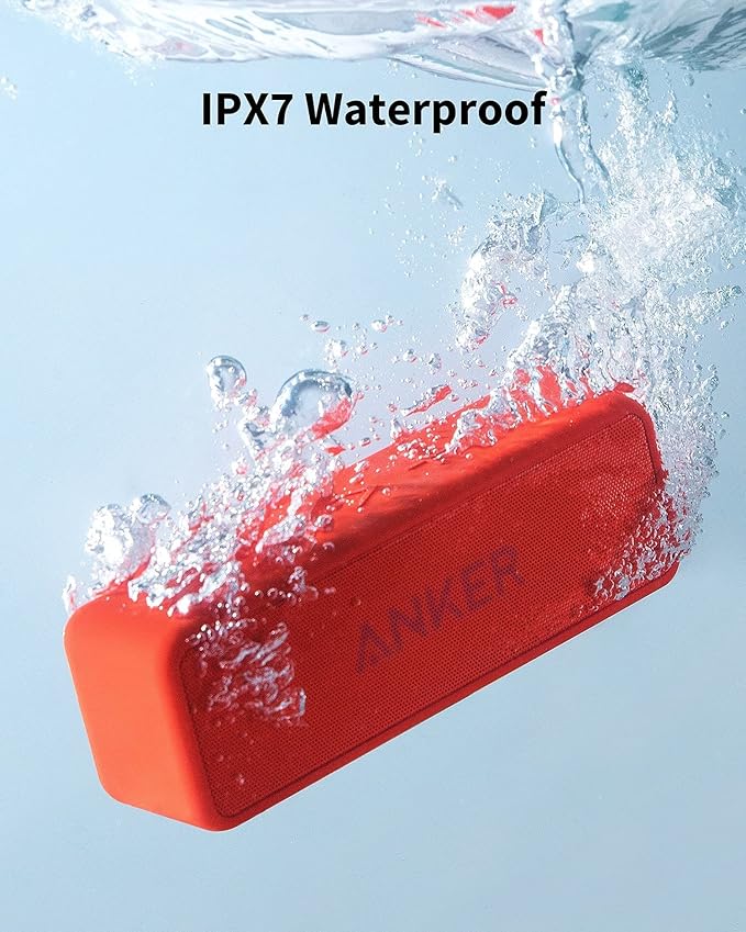 Anker SoundCore 2 Portable Bluetooth Speaker, Wireless, Enhanced Bass, 24-Hour Playtime, 66ft Range, IPX7 Water Resistant, Built-in Mic, Ideal for Travel, Compact and Easy to Use - Red