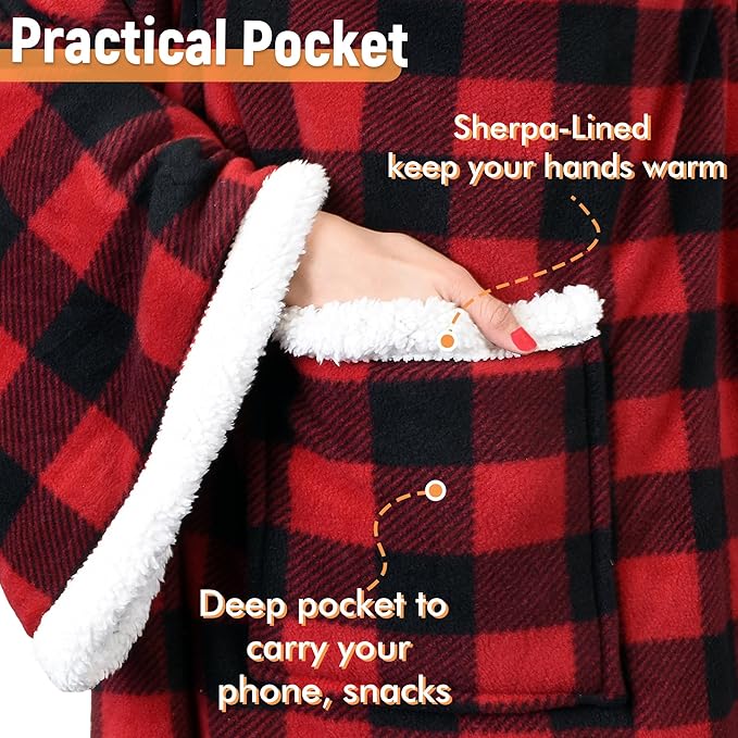 Catalonia Sherpa Wearable Blanket with Sleeves & Foot Pockets for Adult Women Men, Comfy Snuggly Wrap Sleeved Throw Blanket Robe, Gift Idea, Red Checker Plaid