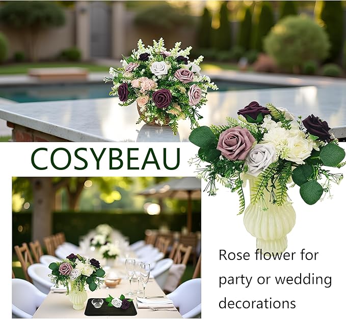 Artificial Fake Flowers 25pcs Roses, Shade of Dark Purple Foam Rose Faux Flower for DIY Wedding Bouquet Bridal Shower Centerpieces Floral Arrangements Party Table Home Decorations
