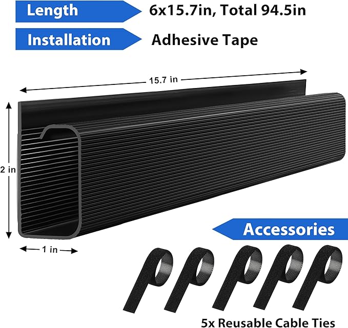 Cable Management Under Desk 94.5in (6X L15.8in) J Channel, ZhiYo Cord Organizer for Desk, Self-Adhesive Cable Organizer, Cord Management Wire Organizers for Cords, Wire Management Cable Raceway Black