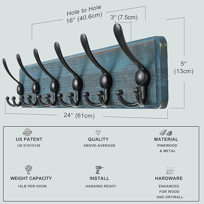 Dseap Coat Rack Wall Mounted - 24" Long 6 Tri Hooks, Heavy Duty Wooden Wall Coat Hanger Coat Hook for Clothes Hat Jacket Clothing, Weathered Blue and Black