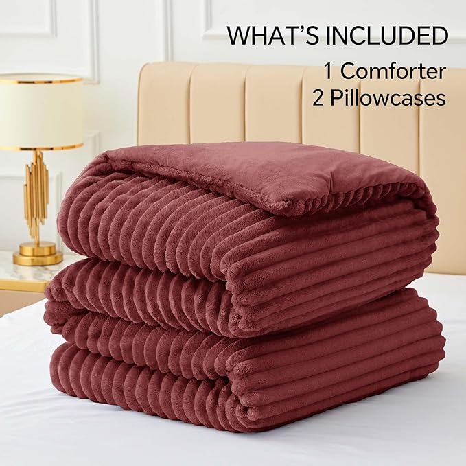 BEDELITE Fleece King Comforter Set -Super Soft & Warm Fluffy Burgundy Bedding, Luxury Fuzzy Heavy Bed Set for Winter with 2 Pillow Cases