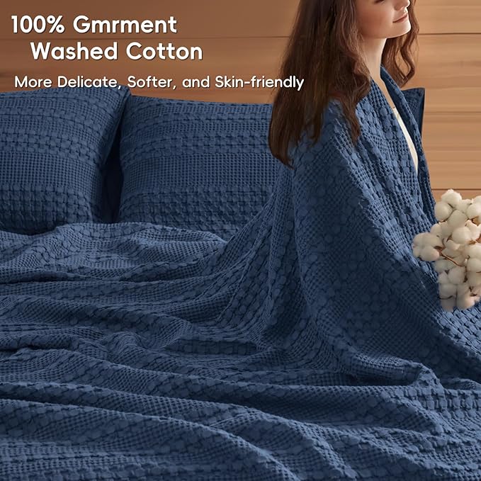 PHF 100% Cotton Waffle Blanket Oversized King 120"x120", Lightweight Breathable Extra Large 10'x10' Blankets for Bed, Giant Big Luxury Aesthetic Woven Bedding for Home Decor, Blue Sapphire