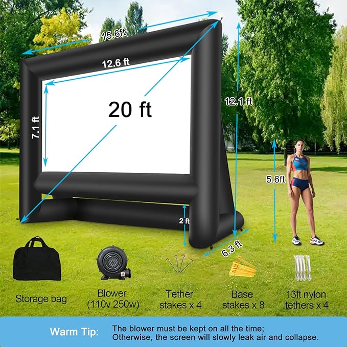 20 Feet Inflatable Movie Screen Outdoor Theater Blow Up Projection Screen with Carry Bag Blower for Front and Rear Projection Home Theater Backyard Pool Fun
