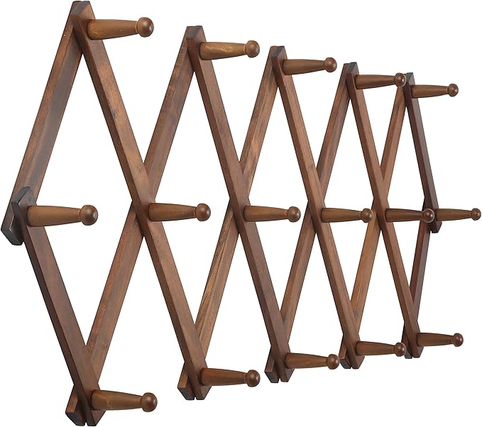 WEBI Accordion Wall Hanger, Wooden Coat Rack Wall Mounted, Hat & Cap Hook Rack, 16 Peg Hooks, Walnut Color