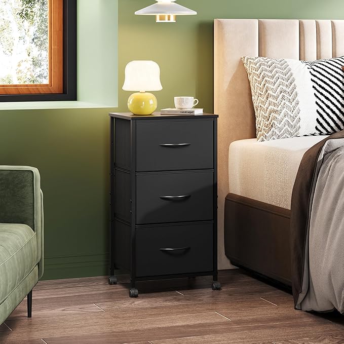 WLIVE Dresser with 3 Drawers, Fabric Nightstand, Cabinet with Wheels, Organizer Storage Dresser for Bedroom, Office, Closets, Black Dresser with Sturdy Steel Frame, Easy Pull Handle
