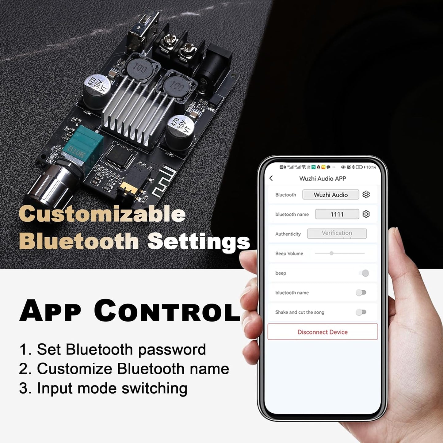 ZK-1001B Mono Bluetooth Amplifier Board with TPA316D2 Chip, Wide Voltage Input 12-24V, Peak Output Power 100W, Black