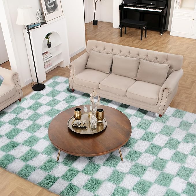 Super Soft Rug for Bedroom, 5x7 ft Sage Green and White Area Rug Classic Checkered Shaggy Anti-Skid High Pile Soft Fluffy Rug Fuzzy Carpet for Living Room Bedroom Kids Room Nursery, Dorm
