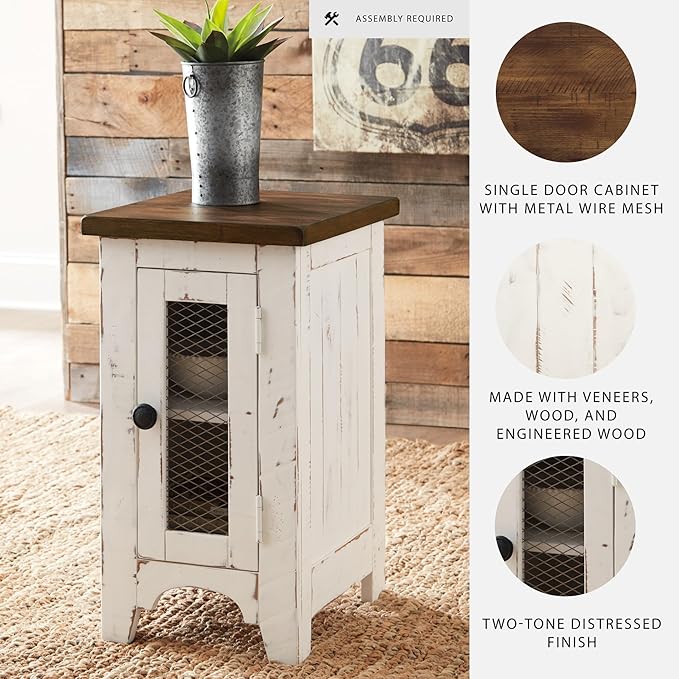 Signature Design by Ashley Wystfield Farmhouse Chair Side End Table with Cabinet Door for Storage, White & Brown with Distressed Finish