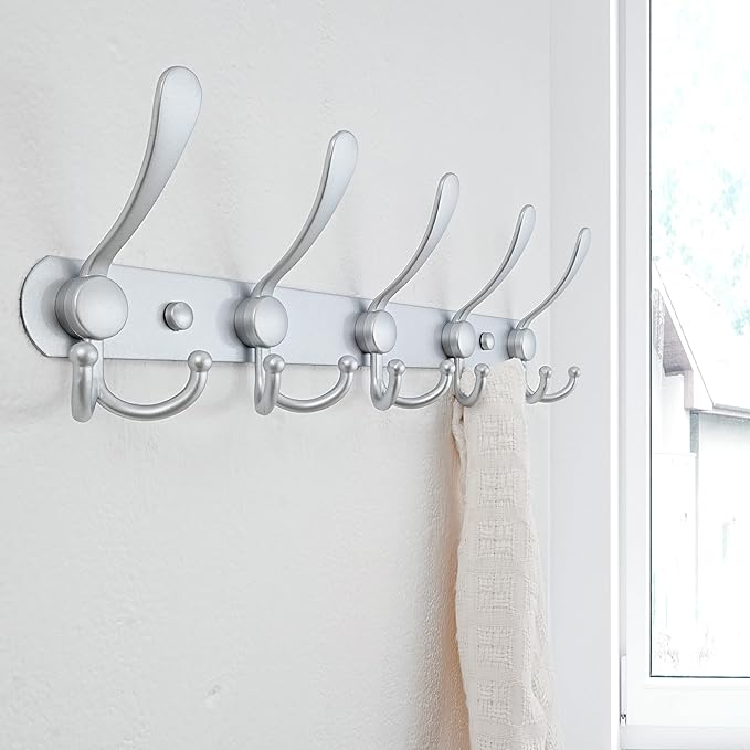 Dseap Coat Rack Wall Mounted - 5 Tri Hooks, Heavy Duty, Stainless Steel, Metal Coat Hook Rail for Coat Hat Towel Purse Robes Mudroom Bathroom Entryway (Silver, Pack of 2)
