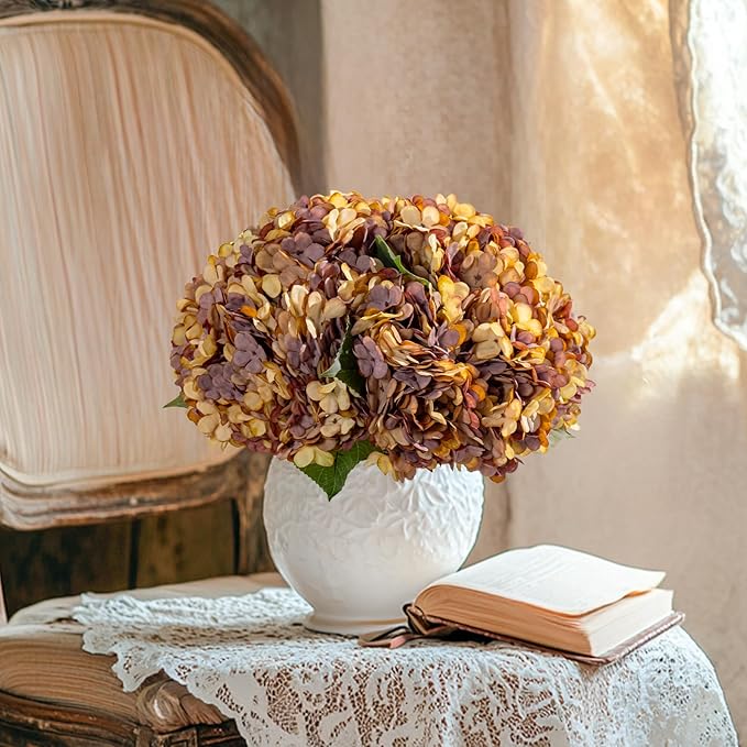 10PCS Fake Hydrangea Artificial Flowers Hydrangea Bouquet for Home Wedding Bridal Bouquet Office Party Table Centerpiece DIY Floral Decor (Autumn Orange)