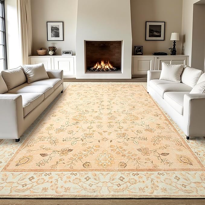 LOCHAS Washable Area Rugs 8x10, Peach Floral Rug for Living Room Bedroom Non Slip, Ultra Soft Vintage Indoor Carpet for Kids, Nursery, Dorm, Dining Room, Classroom, Boho Flower Home Decor, Low-Pile