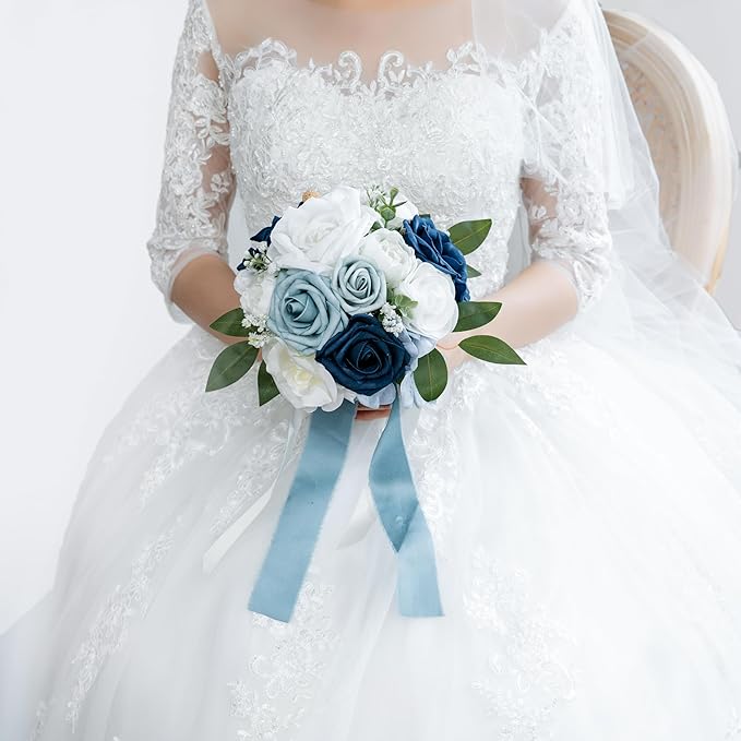 ponatia Dusty Blue Wedding Bouquets for Bride Bridesmaid, White Wedding Artificial Roses Flowers for Wedding Bouquets Ceremony, Anniversary (Dusty Blue & White)