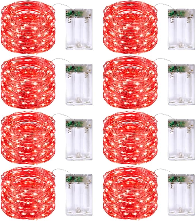 JMEXSUSS 8 Pack 50 LED Christmas Fairy Lights Battery Operated String Lights, 16ft Red Twinkle Fairy Lights Indoor Outdoor Waterproof for Mason Jars Bedroom Party Wedding Christmas Decorations