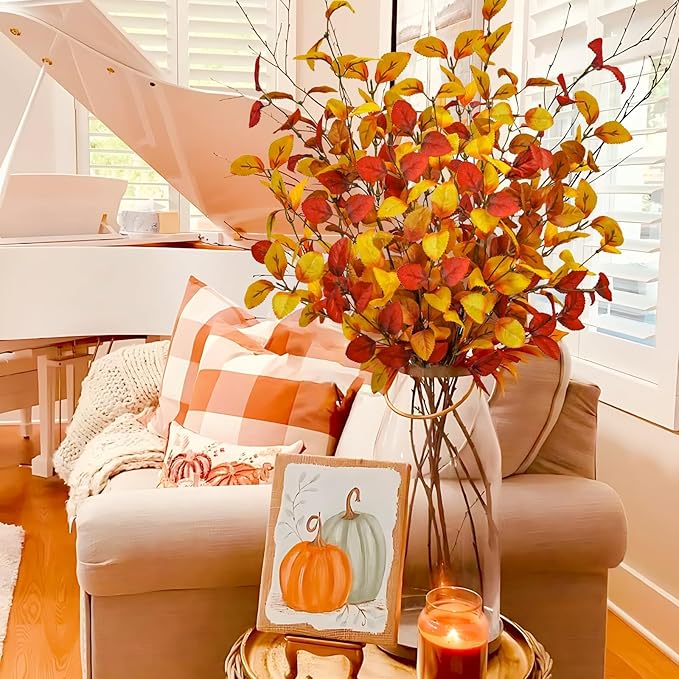 16pcs Artificial Fall Leaves Stems, 27" Fall Flowers Eucalyptus Leaves Branches Faux Fall Leaf Spray Fall Decorations for Home Floral Arrangement Autumn Table Centerpiece