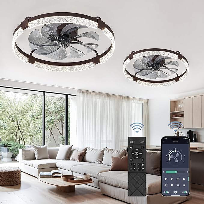 LEDIARY 2 Pack 24 Inch Modern Ceiling Fans with Lights and Remote, Dimmable Flush Mount Ceiling Fan, Brown Low Profile Ceiling Fan with 3 CCT and 6 Speeds