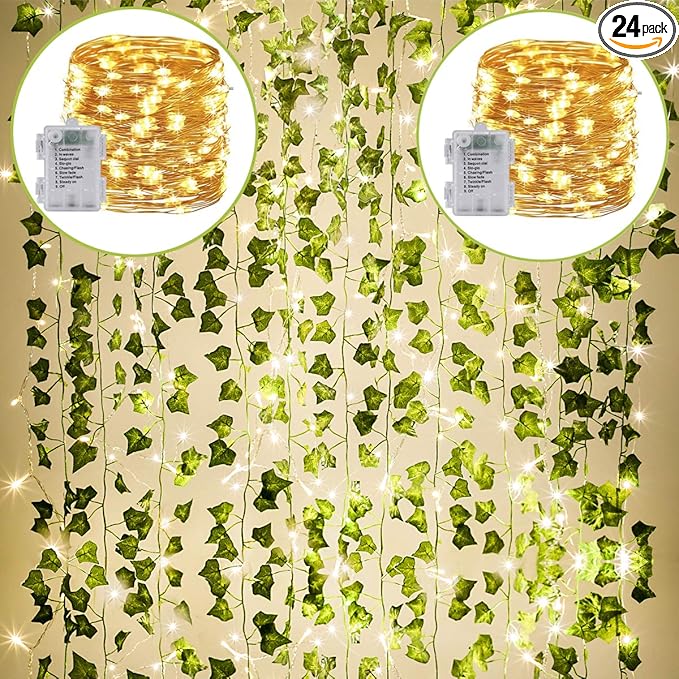 KASZOO 24Pack / Each 82 inch, Artificial Ivy Garland Fake Plants with 160 LED String Light, Green for Wedding Party Garden Outdoor Greenery Wall Decoration