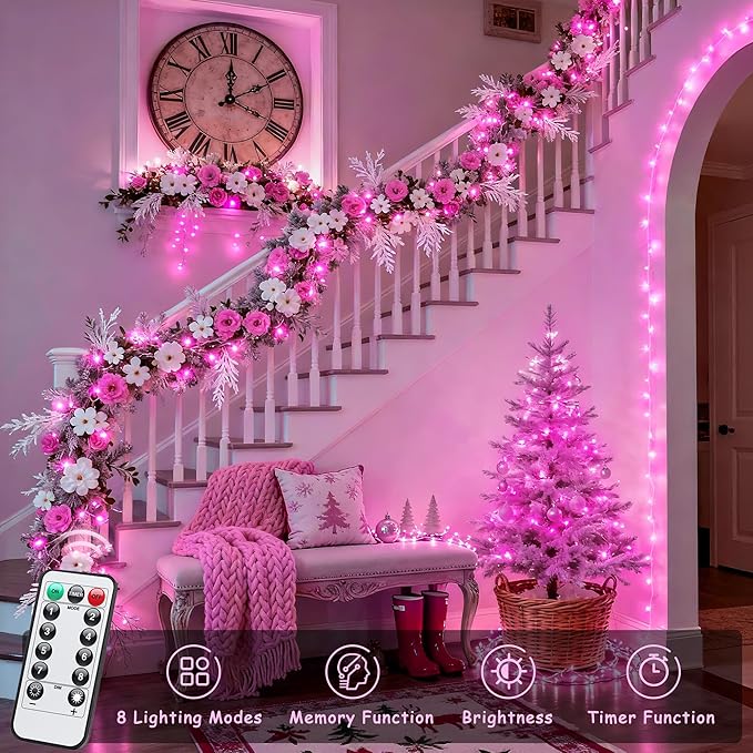JMEXSUSS 33ft 100 LED Pink Christmas Lights, Pink Battery Operated Lights with 8 Modes Remote, Indoor Outdoor String Light for Bedroom Christmas Party Tree Decorations