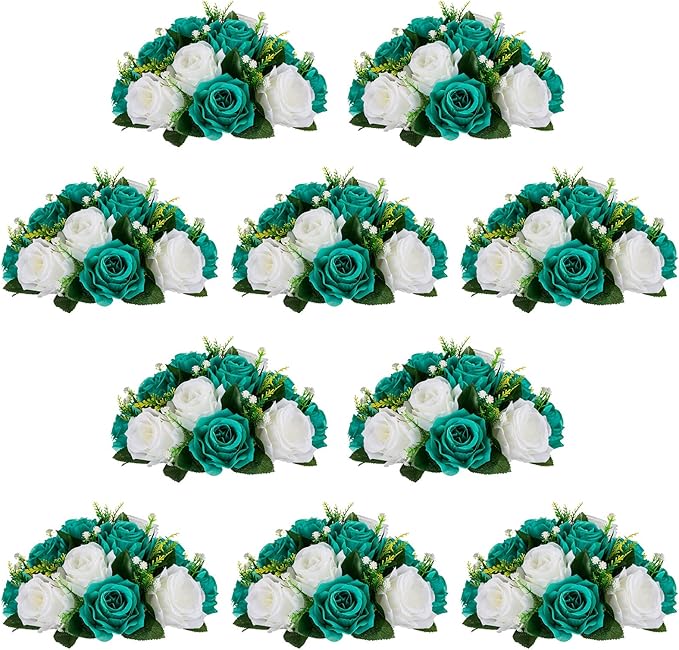 NUPTIO Flower Wedding Centrepieces for Tables - 10 Pcs 9.5in Diameter Teal & White Artificial Flowers Rose Ball for Centerpieces Table - Fake Rose Arrangements for Weddings Birthday Party Decorations