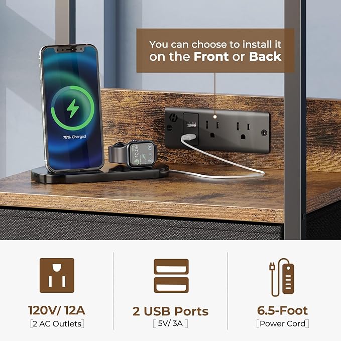 Seventable Nightstand with Charging Station and LED Light, Set of 2 Side Table with 3 Fabric Drawers, Bedside End Table with USB Ports and Outlets, Night Stand for Bedroom, Rustic Brown