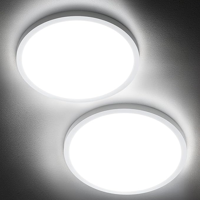 SunRider 2-Pack LED Flush Mount Ceiling Light Fixture, 6000K Cool White, 2400LM, 12 Inch 24W 240W Equiv. Round Flat Ceiling Lights, Non-Dimmable