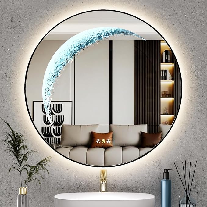 24'' Round Bathroom Mirror with Light, Black Circle Mirror with Backlit & Half Moon Light, Anti-Fog, Dimming Wall-Mounted LED Vanity Mirrors for Bathroom, Home Decor, Entryway