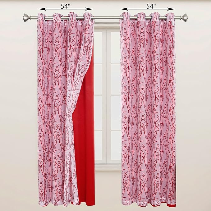 BONZER Mix and Match Curtains - 2 Pieces Branch Print Sheer Curtains and 2 Pieces Blackout Curtains for Bedroom Living Room Grommet Window Drapes, 54x95 Inch/Panel, Red, Set of 4 Panels