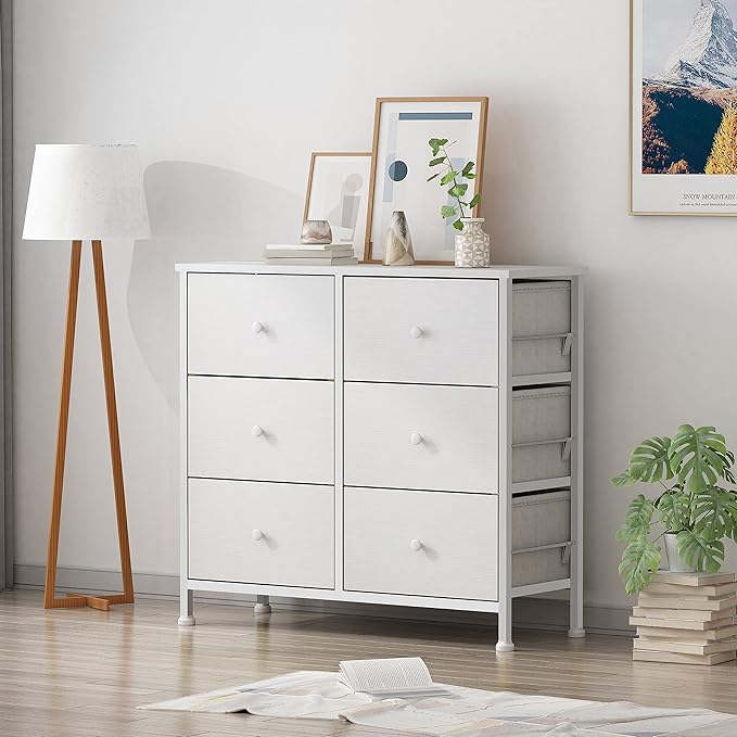 BOLUO White Dresser for Bedroom 6 Drawer Organizers Fabric Storage Chest Tower Small Dressers Unit for Closet Nursery Hallway Office, Kids and Adult Modern