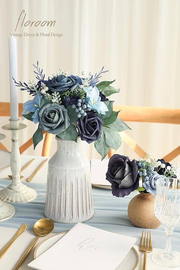 Floroom Artificial Greenery Stems Box Set, 59pcs with 8 Kinds of Faux Greenery Flowers Picks for DIY Bridal Bouquets Wedding Floral Arrangement Table Centerpieces, Navy & Dusty Blue