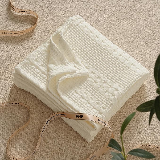 PHF 100% Cotton Waffle Weave Throw Blanket, Soft Lightweight Breathable Cozy Throws for Couch Bed Sofa, Luxury Aesthetic Woven Blanket for Home Decor & Office, 50"x60", Cannoli Cream