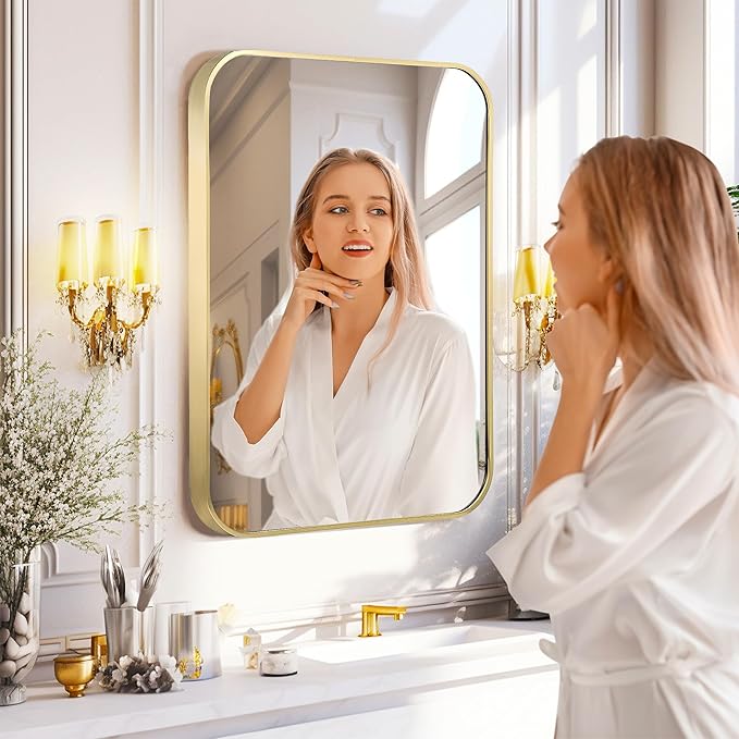 18"x24" Matte Gold Mirror for Wall, Brushed Metal Framed Rounded Corner Rectangular Mirror for Bathroom Vanity,Entryway,Living Room,Bedroom,Vertical or Horizontal