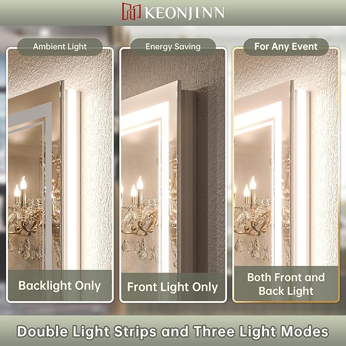 Keonjinn LED Bathroom Mirror 30 x 36 Inch with Front and Back Light, Stepless 3 Colors Temperature & Dimmable Backlit Mirror, UL Listed LED Driver, Double Lights Tempered Glass LED Wall Vanity Mirror