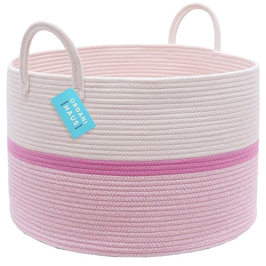 OrganiHaus Boho Woven Basket for Blankets and Laundry, Decorative Large Storage Bin for Living Room, Nursery Basket for Toys & Clothes, Soft Cotton Rope with Handles 20x13 inches - Striped Pink
