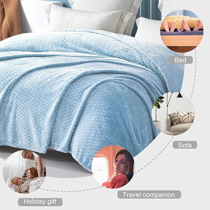 Exclusivo Mezcla Fleece Throw Blanket for Couch, 50x70 Inches Soft Cozy Jacquard Flannel Blankets, Lightweight Fuzzy Plush Warm Throws for Winter, Light Blue