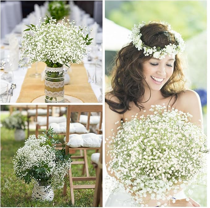 N&T NIETING Babys Breath Artificial Flowers Bulk, 15Pcs Fake Gypsophila Bouquet Flowers Real Touch Faux Babies Breath Arrangement for Wedding Floral Party Home Centerpieces Vase Decoration, White