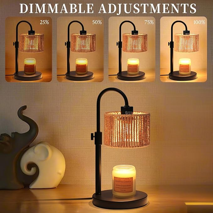 Boho Candle Warmer Lamp, Adjustable Height Candle Wax Warmer with Timer, Candle Lamp for Jar Candles, House Warming Gifts Brithday Gifts for Women Bedroom Home Decor (Rattan)