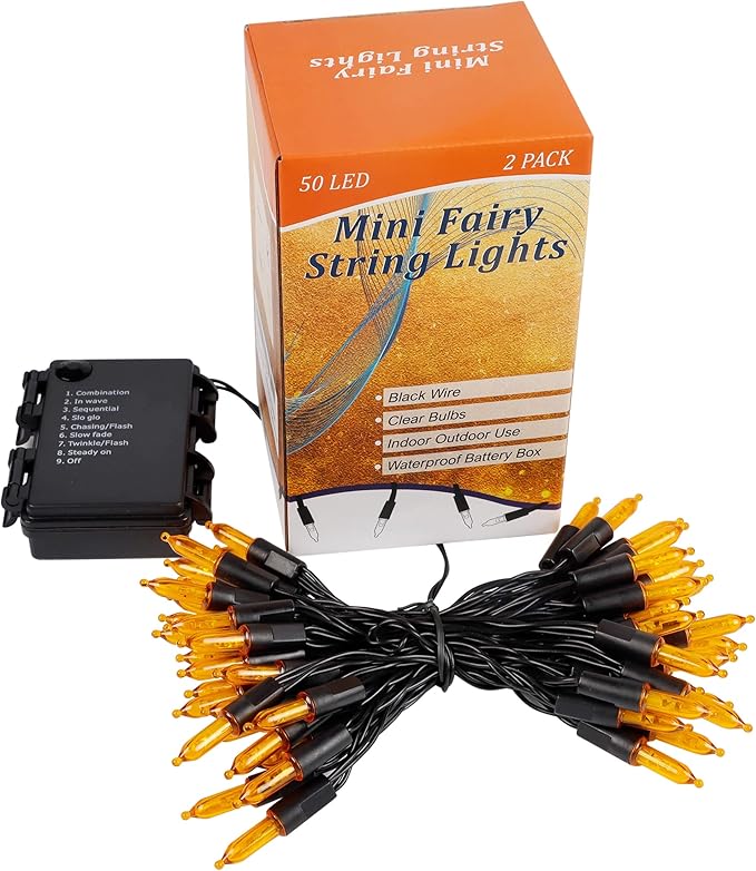 Blissun Halloween Lights, 50-Count Black Wire Light Set, Battery Operated Halloween Mini String Light with 8 Modes, 16 ft Fairy Lights for Halloween Tree Garden Wreath Decorations (2 Pack, Orange)