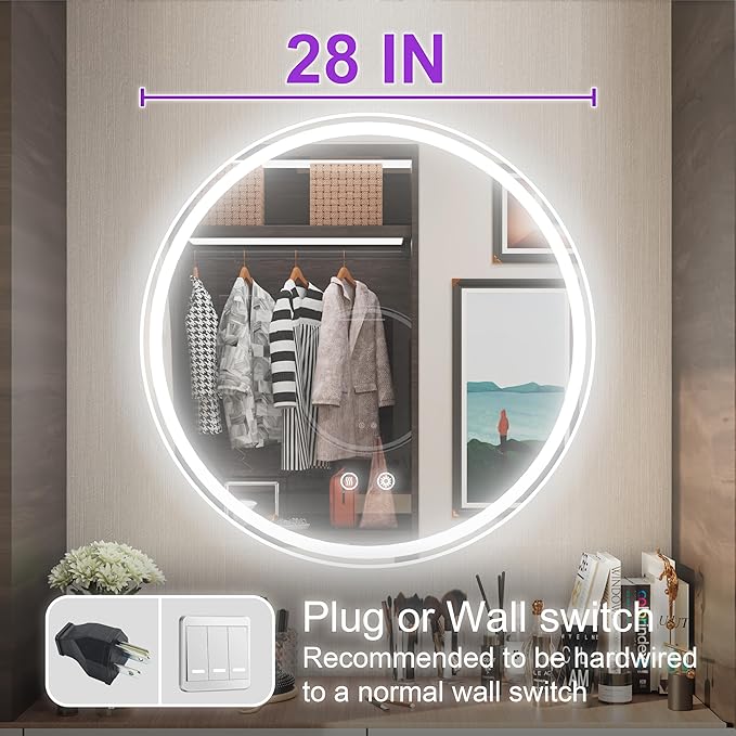 28 Inch Round LED Bathroom Mirror, Front & Backlit Lighted Bathroom Mirror Wall Mounted, 6000K Daylight, Dimmable, Anti-Fog, CRI 90+