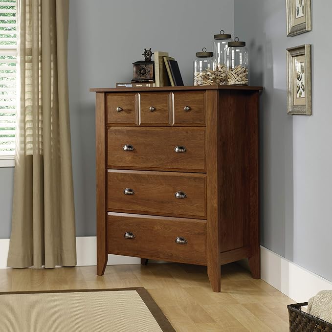 Sauder Shoal Creek 4-Drawer Chest, Tall Dresser Chest of Drawers, in Oiled Oak