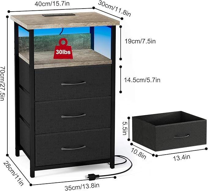 Fixwal Night Stand with Charging Station, LED Nightstand with Fabric Drawers, End Table with PU Finish, Bed Side Table, French Oak