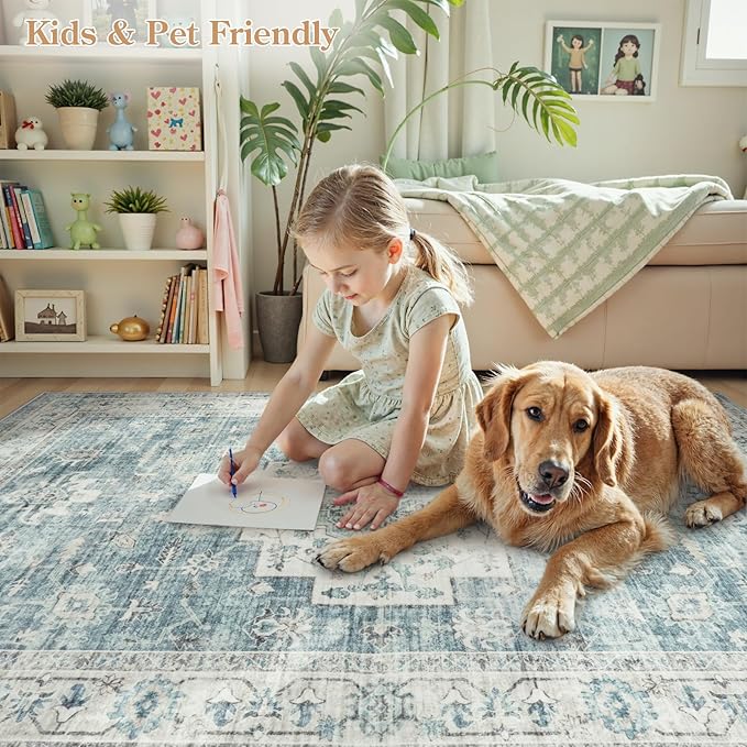 LIVEBOX Washable Area Rug 6x9 Rugs for Living Room Dining Room Under Table, Non-Slip Boho Indoor Carpet for Bedroom, Low-Pile Farmhouse Soft Carpets for Nursery Room Playroom, Blue