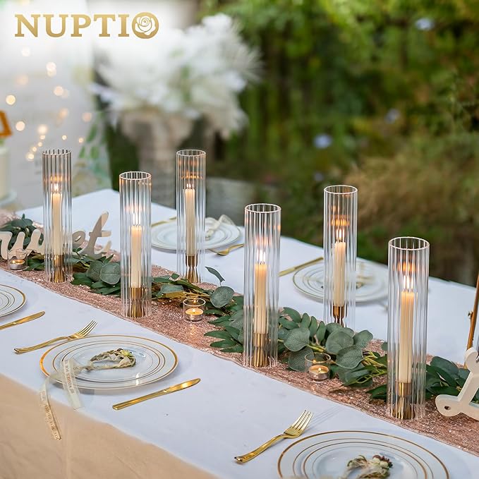 NUPTIO Hurricane Candle Holder Fluted: 2.5 x 12 inches Ribbed Glass Shade for Candlestick - Bulk Decorative Bottomless Cylinder Taper Candle Cover for Outdoor Table Centerpiece