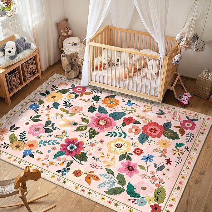 Floral 5x7 Area Rug Machine Washable Soft Print Boho Carpet Non Slip Doormat Low Pile Flower Area Rugs for Living Room Bedroom Nursery Kitchen Dining Room Indoor-Pink