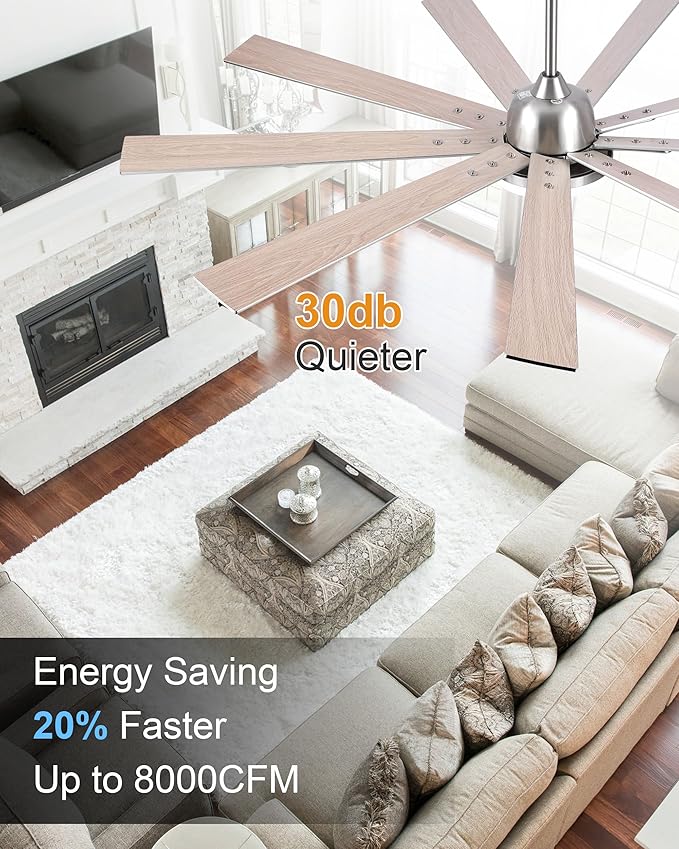 72 Inch Ceiling Fans with Lights,Large Modern Ceiling fan with Remote and 9 Wooden Blades,Dimmable,6 Speeds,Noiseless Reversible Indoor&Outdoor Fan for Bedroom,Patio,Living Room