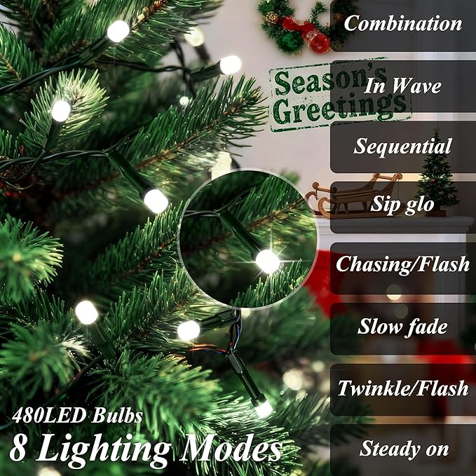 Christmas String Lights for Tree, Christmas Tree Lights 480 LEDs with Memory Function & 8 Lighting Modes, 9.84FT x 16 Lines Fairy Light with Remote & Timer for Christmas Tree Decorations - Cold White